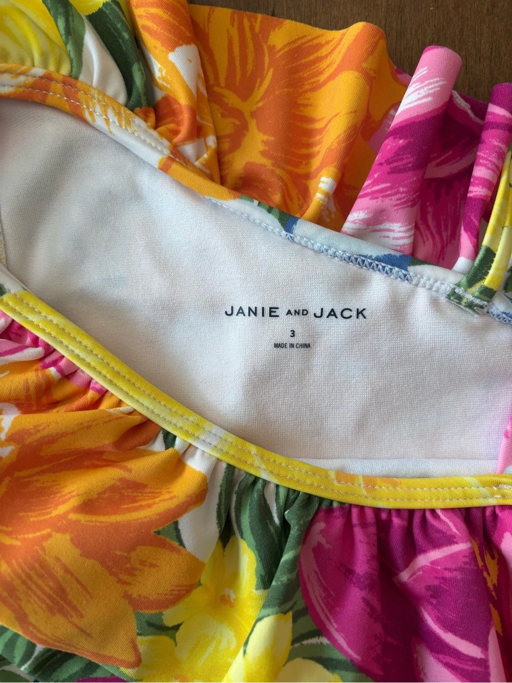 Janie and Jack Tropical Floral One-Shoulder Swimsuit in Pink, Yellow & Blue